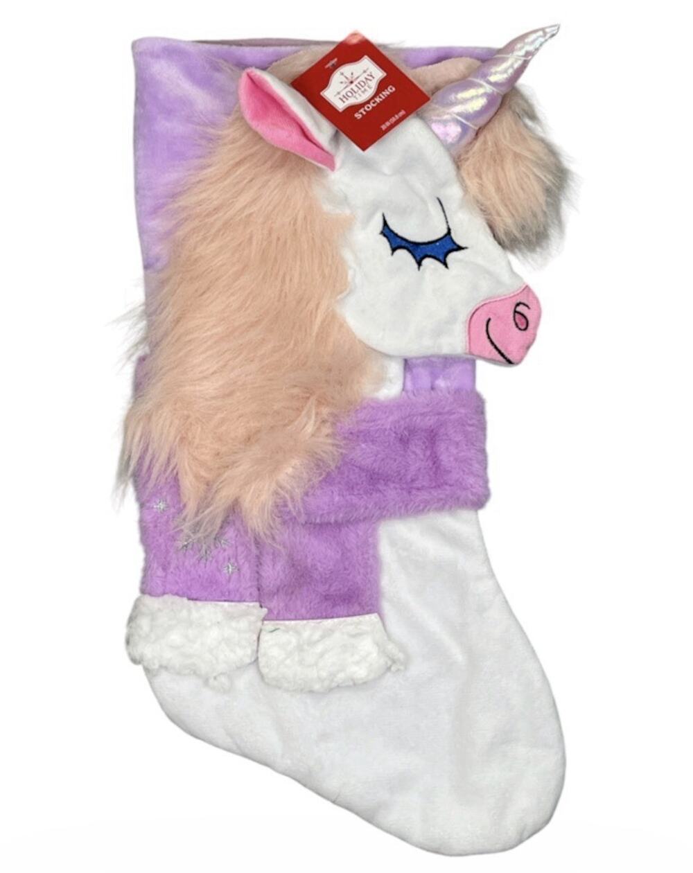 Holiday Time 3D Plush Unicorn Christmas Stocking Purple Pink Shimmer